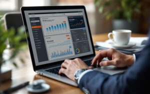 Avocat en costume travaillant sur un ordinateur portable affichant un tableau de bord de logiciel comptable, assis à un bureau en bois avec des papiers et une tasse de café, éclairage matinal volumétrique doux