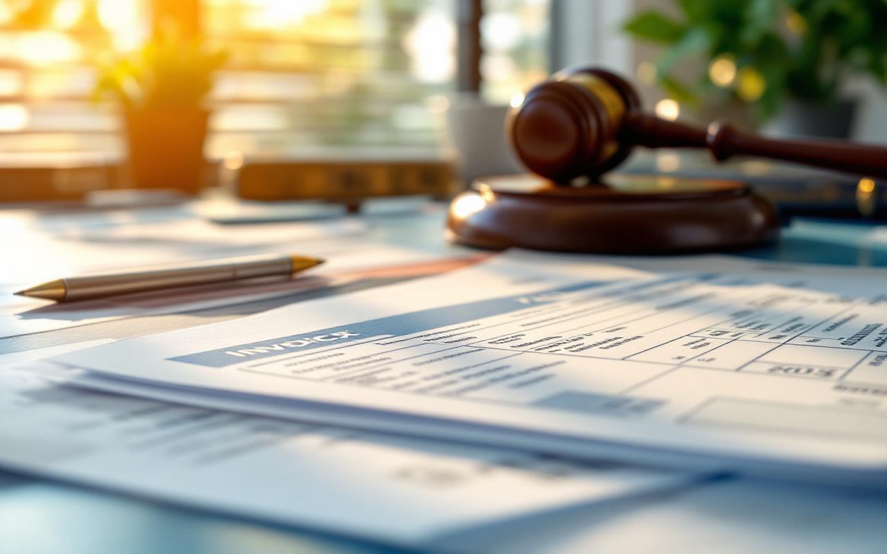 Gros plan sur des documents fiscaux et des factures posés sur un bureau d'avocat en bois sombre. Une lumière douce et volumétrique filtrait par une fenêtre, soulignant la texture du papier ; stylos et dossiers légèrement flous en arrière-plan.