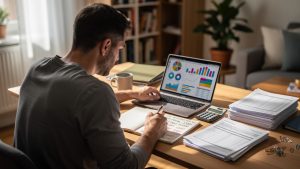 Un homme examine sur un bureau lumineux les revenus d’une location meublée à l’aide d’un ordinateur portable et trie des documents fiscaux imprimés, avec un calme éclairage naturel.