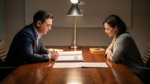Détective privé assis en réunion avec un client dans un bureau professionnel, consultant un dossier d’enquête et des documents sur la table.