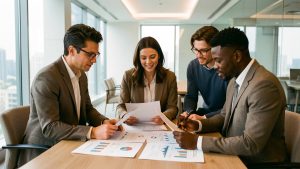 Une dirigeante et une équipe analysent ensemble des documents financiers dans un bureau moderne et lumineux, dans une ambiance professionnelle.