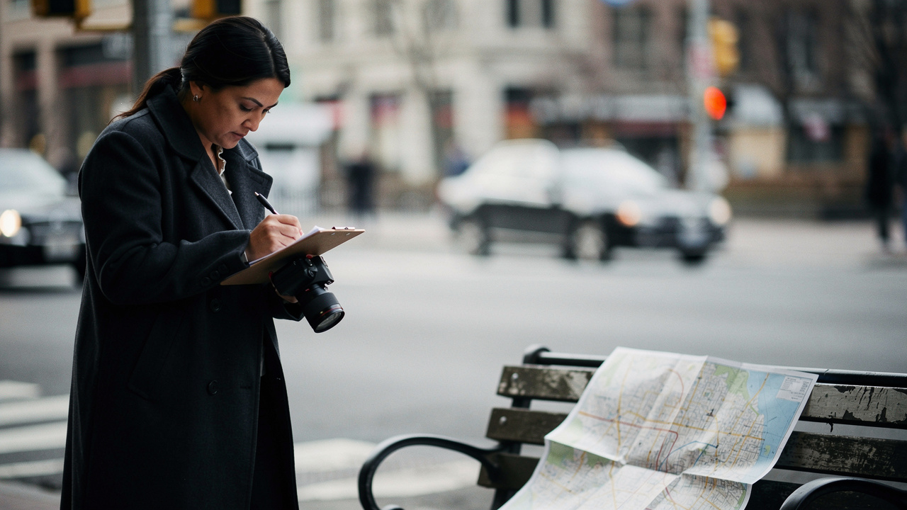 Scène de surveillance discrète en ville : une femme prend des notes avec un petit carnet, tient un appareil photo, tandis qu’une carte de déplacements est posée près d’un banc, avec un flou de circulation en arrière-plan.