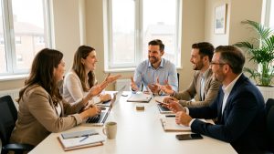 Six collègues de deux entreprises échangent autour d’une table dans un atelier lumineux, dans une ambiance professionnelle, collaborative et inclusive.