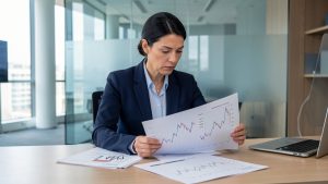 Une dirigeante examine des tableaux financiers et des documents de contrôle sur un bureau moderne, dans une ambiance professionnelle.