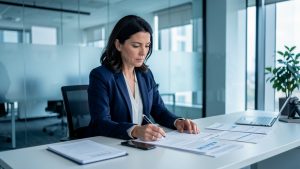 Une dirigeante attentive analyse des documents financiers sur un bureau moderne, dans une atmosphère professionnelle axée sur la vigilance et la sécurité.