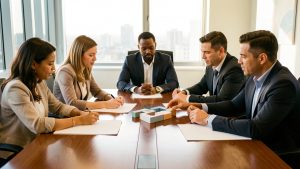Équipe de direction composée de femmes et d’hommes réunie autour d’une table, examinant des documents vierges et rapprochant deux formes géométriques symbolisant la fusion de deux entreprises.