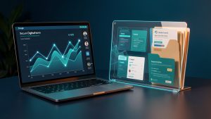 Ordinateur portable dans un espace de travail moderne, entouré de graphiques abstraits, d’un bouclier lumineux et de dossiers organisés symbolisant la sécurisation des prospects et des comptes numériques.