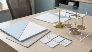 Bureau professionnel organisé avec des dossiers vierges, une balance équilibrée et un bouclier transparent symbolisant des règles claires de parrainage B2B et la prévention des litiges.