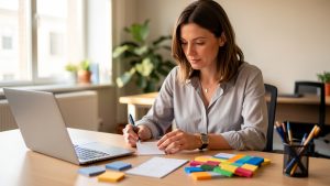 Une consultante commerciale organise méthodiquement un plan de relance après une démonstration logicielle, avec un ordinateur portable et des cartes de calendrier vierges sur son bureau.