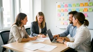 Deux femmes et un homme réunis autour d’une table avec des documents vierges, un ordinateur portable et un tableau de planification composé de cartes colorées.