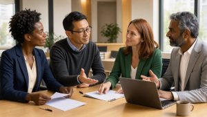 Réunion professionnelle constructive entre quatre adultes, représentants salariés et direction, autour d’une table lumineuse avec des documents vierges et un ordinateur.