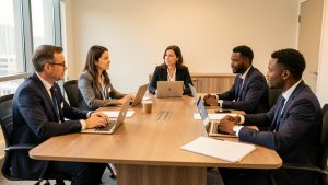 Réunion professionnelle réunissant des représentants du personnel et la direction autour d’une table, avec des ordinateurs et des documents vierges.