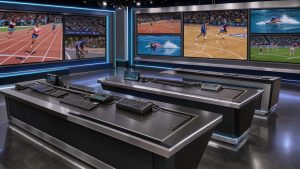 Studio de télévision sportive moderne avec plusieurs écrans montrant des scènes abstraites de compétitions, un décor élégant et un éclairage bleu professionnel.